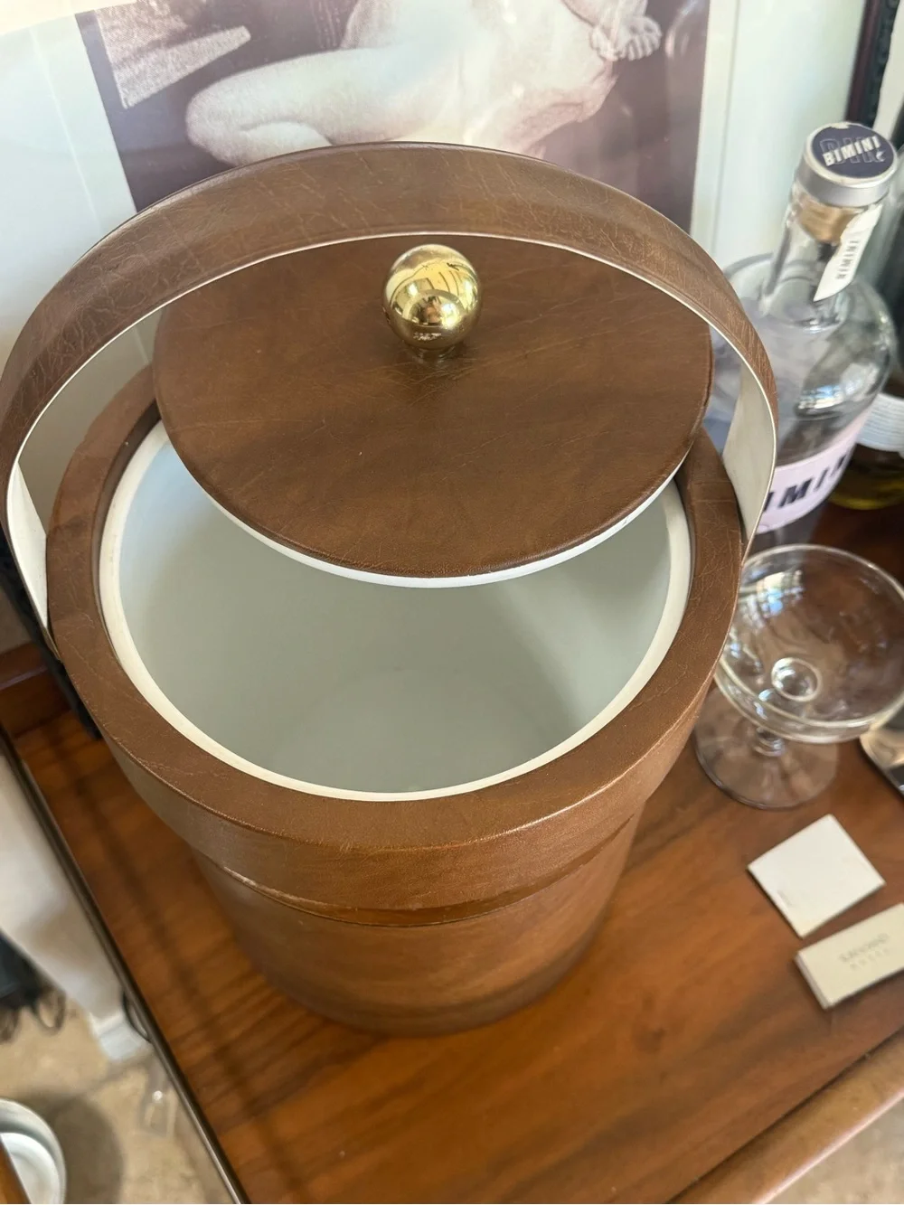 Vintage MCM Brown Faux Leather Ice Bucket with Gold Accent